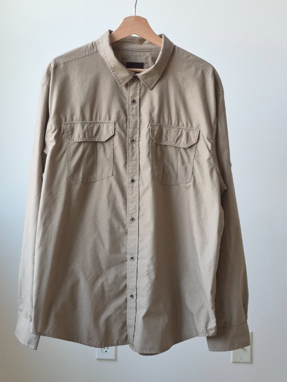 prAna Citadel Mens XL Long Sleeve Shirt Beige Khaki UPF 50 Travel Hiking Outdoor